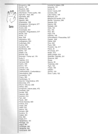 (
Garra
Abogado/a, 489 

Aborto, 197 

Abuelola, 436 

Acordeón, 559 

Adormecer I Tener sueño, 180 

Agricultor I Arar, 490 

Aguinaldo, 485 

Ajedrez, 622 

Algodón, 469 

Amamantar, 189 

Amargadola I Amargura, 577 

Ambulancia, 351 

Ananá, 220 

Anaranjado, 551 

Angustiar I Angustiadola, 577 

Apodo,433
Araña, 131 

Arpa, 558 

Aspiradora, 325 

Audiograma, 203 

Audiologia, 203 

Austria, 408 

Ayudante, 491 

Bandoneón, 560 

Barba, 167 

Batata, 218 

Bochas, 535 

Broncear I Tomar sol, 176 

Burla, 9 

Calentar, 213 

Carnaval, 626 

Castro, 430 

Ciervo, 157 

Cocinar, 212 

Colectivo, 352 

Confllctuadola I Confundidola I 

Perturbadola, 585 

Cucaracha, 131 

Chaco, 380 

Dactilología, t2 

Deprimir / Deprimido/a, 576 

Descontar, 474 

Diluvio / Diluviar, 258 

Disfraz, 626 

Enriquecer / Hacer plata, 472 

Ensalada, 220 

Escalar, 540 

Espuma, 265 

Exprimir, 214 

Flan, 240 

Flauta , 560 

Flauta traversa, 560 

Francia, 412 

Fuego, 255 

FÚlbol,531 

Gato/a, 150 

General, 499 

Gordola,70 

Grabar, 561 

Gris, 552 

Grupo, 611 

Hipopótamo, 161 

Hormiga, 132 

Juezla, 497 

La Pampa, 383 

Lamparita, 302 

Lavarropas, 326 

Lavarse la cabeza, 208 

Leopardo, 151 

LLevar, 61 

llover /lIuvia, 257 

llovizna, 259 

Lobo marino, 149 

Manzana, 221 

Máquina de escribir, 515 

Mundo I Universo, 249 

Naranja, 223 

Nietola, 436 

Nublado, 254 

OSito, 153 

Oso, 153 

País, 361 

Papa, 218 

Paperas, 195 

Paracaidismo / Paracaídas, 537 

Payaso , 626 

Pelota, 528 

Pera, 222 

Piano, 559 

Pirniento / Ají, 217 

Pobre, 46 

Provincias, 377 

Radar, 519 

Radio portálil, 518 

Rastrillar I Rastrillo, 331 

Reservar, 290 

Rosas 

Secola,39 

Tallarines, 232 

Tigre, 152 

Trepar, 182 

Velador
Zorrino, 153 

Zorro / Lobo, 152 

 