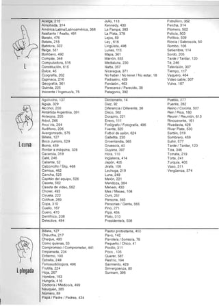 Acelga, 215 

Almohada, 314 

América Latina/Latinoamérica, 368 

Asaltante / Asalto, 491 

Barato,476 

Batata, 218 

Batidora, 322 

Beige, 551 

Bombero, 492 

Compás, 348 

Computadora, 516 

Constitución, 615 

Dulce, 45 

Ecografía, 202 

Espinaca, 216 

Geografía, 361 

Guinda, 225 

Inocente / Ingenuo/a, 75 

l
Julio, 113 

Kennedy, 430 

La Pampa, 383 

La Plata, 378 

Lejos, 59 

Ley , 616 

Lingüista, 498 

Lunes, 11 5 

Mapa, 361 

Marrón, 553 

Medialuna, 230 

Nafta, 357 

Nicaragua, 371 

No haber / No tener / No estar, 18 

Padrastro, 439 

Pantalón" 463 

Parecerse / Parecido. 38 

Patagonia, 392 

Patrullero, 352 

Percha, 314 

Plomero, 502 

Policía, 503 

Polílico, 509 

Rico/a / Sabroso/a, 50 

Rombo, 106 

Setiembre, 114 

Sordo, 205 

Tarde / Tardar, 120 

Té, 246 

Televisión, 307 

Tiempo, 117 

Vaquero, 464 

Vídeo cable, 307 

Vulva, 187 

Aguilucho, 137 

Aguja, 329 

Alcohol, 200 

Antártida Argentina, 391 

Anteojos, 205 

Arbol,266 

Arco iris, 254 

Audífono, 206 

Avergonzado, 575 

Billele, 127 

Boca Juniors. 529

lcurva Boina, 459 

Bordar a máquina, 328 

Cacerola, 319 

Café,246 

Caliente, 52 

Calzoncillo / Slip, 468 

Camisa, 462 

Cancha, 525 

Capitán del equipo, 526 

Casete, 562 

Casete de video, 562 

Chorer, 493 

Ciruela, 222 

Colihue, 269 

Copa,310 

Cuello, 167 

Cuero,470 

Dentífrico, 208 

Detective, 494 

Billete, 127 

Chaucha, 217 

Cheque, 480 

Como quieras, 33 

Compromiso / Comprometer, 441 

Empanada, 234 

Enfermo, 190 

Estrella, 249 

Fonoaudiólogo/a, 496 

Frutilla, 224 

l plegada Hoja, 267 

Hombre, 163 

Hungría, 416 

Doctor/a / Médico/a, 499 

Neuquén, 385 

Número, 89 

Papá / Padre / Padres, 434 

Diccionario, 14 

Diez, 92 

Diferencia / Diferente, 38 

Disco, 562 

Durazno, 221 

Enero, 111 

F01ógrafo / Fotografía, 496 

Fuente, 320 

Futbol de salón, 624 

Galletita, 230 

Groenlandia, 365 

Grueso/a, 40 

Guyana, 397 

Hora, 110 

Inglaterra, 414 

Japón, 405 

Jirafa, 156 

Lechuga, 219 

Luna, 249 

Melón, 221 

Mendoza, 384 

Menem, 430 

Mes / Meses, 108 

Ovni,251 

Persona, 565 

Personas / Gente, 565 

Pino,271 

Pipa, 456 

Plato,3'1 0 

Presidente/a, 508 

Pastor protestante, 450 

Pavo,142 

Pavote/a / Sonso/a, 76 

Pequeño / Chico, 4 1 

Pocillo, 31 1 

Poco , 105 

Querer, 587 

Resfrío, 194 

Sarmiento, 429 

Sinvergüenza, 80 

Surinam, 398 

Pueblo, 277 

Puente, 282 

Reino / Corona, 507 

Reir / Risa, 180 

Reunir / Reunión, 613 

Rinoceronte, 161 

Rivadavia, 428 

River Plate, 530 

Sartén, 319 

Sombrero, 459 

Sufrir, 577 

Tarde / Tardar, 120 

Tiza, 346 

Tomate, 219 

Torta,241 

Turquia, 405 

Vaso, 311 

Vergüenza, 574 

 
