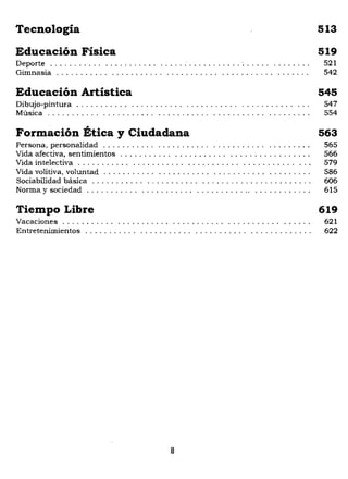Tecnología 513 

Educación Física 519 

Deporte .. . . . . . . . .. ........... ....................... ........ 521 

Gimnasia .. . . . . . . . .. ........... ........... ........... ....... 542 

Educación Artística 545 

Dibujo-pintura . . . . . . . . . .. ........... ........... ........... ... 547 

Música . . . . . . . . . .. ........... ........... ........... ......... 554 

. "
Formación Etica y Ciudadana 563 

Persona, personalidad ........... ........... ........... ......... 565 

Vida afectiva, sentimientos . . . . . . . . . .. ........... ................. 566 

Vida intelectiva ..... . . . . .. ........... ........... ........... ... 579 

Vida volitiva, voluntad .. . . . . . . . .. ........... ........... ......... 586 

Sociabilidad básica . . . . . . . . . .. ........... ..... . . . . . . . . . . . . . . . . . . 606 

Norma y sociedad ........... ........... ............ ............ 615 

Tiempo Libre 619 

Vacaciones . . . . . . . . . .. ........... ........... ........... ...... 621 

Entretenimientos . . . . . . . . . .. ........... ........... ............. 622 

11

 