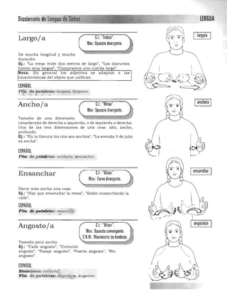 adaptan a las
Dicciona~¡odel~,!1DQa de Seña~s_2.::..g LENGUA

Largoja C.I.:"Indice".
Mov: Opuesto divergente.
De mucha longitud y mucha
duración.
Ej.: "'La mesa mide dos metros de largo", "Los discursos
fueron mu lar os", "Com ramos una cuerda lar a".
Nota: En general los adjetivos se
características del objeto que califican.
ESPAÑOL
Fl~. ,'de·JiaIlibra.s: largura, larguero:
,'~~ " >!i, ....' <-;.;,,
Iancho/a IAnchoja C.I.:"Mitón".
Mov: Opuesto divergente.
Ta maño de una dimensión
considerada de derecha a izqillerda, o de izquierda a derecha.
Una de las tres dimensiones de una cosa: alto, ancho,
profundo.
Ej. : "En la lla nura los ríos son a nchos", "La avenida 9 de julio
Ies ancha",
ESPAÑOL
~FHa. 'de ~liibra.s: anchura, ~n.saT!char.
I ensanchar IC.I.:"Mitón".Ensanchar
Mov.: Curvo divergente.
Hacer más ancha una cosa. 

Ej.: l/Hay que ensanchar la mesa", I<Están ensanchando la 

calle". 

ESPAÑOL
Ftia.. .4~ ~IIibÑis: I'!~:sa'¡-~.• ;a>, -­

; 

C.I.:"Mitón".Angostoja
Mov.: Opuesto convergente.
C.N.M.:Movimiento de hombros.
Tamaño poco ancho. 

Ej.: "Calle angosta") ¡¡Cinturón 

angosto", "Pasaje angosto", "Puerta angosta", CIRio

, 

angosto". '­
ESPAÑOL
Sinóntmos' estTec~
FHa. de palttbJ'IU: 3{.yqsp,trf;1, angostar.
". .. .,
 