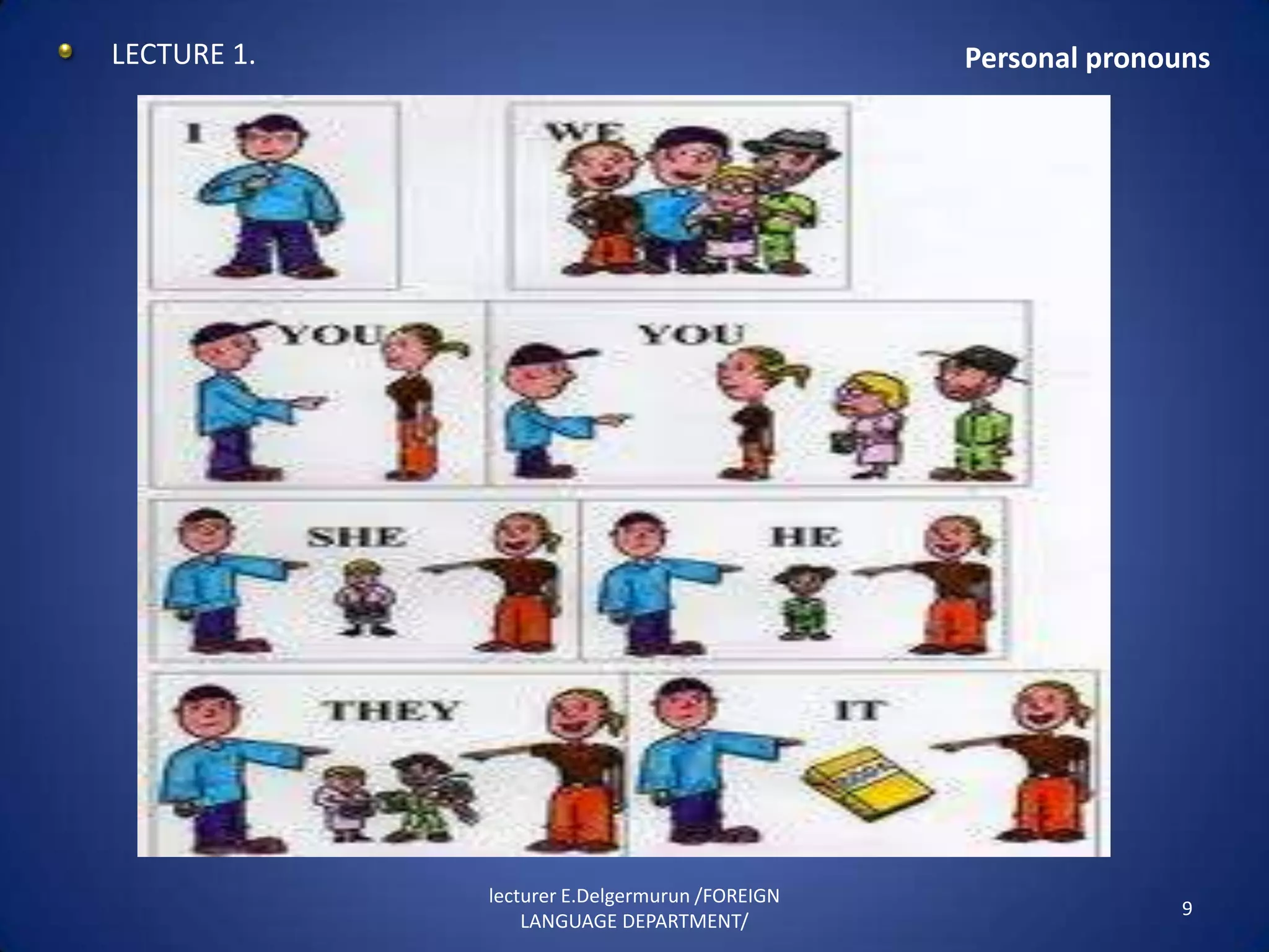 LECTURE 1.                                     Personal pronouns




             lecturer E.Delgermurun /FOREIGN
                                                              9
                 LANGUAGE DEPARTMENT/
 