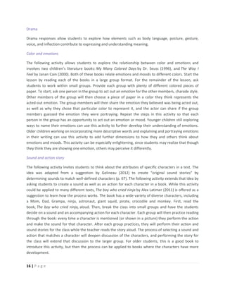 16 | P a g e
Drama
Drama responses allow students to explore how elements such as body language, posture, gesture,
voice, and inflection contribute to expressing and understanding meaning.
Color and emotions
The following activity allows students to explore the relationship between color and emotions and
involves two children’s literature books: My Many Colored Days by Dr. Seuss (1996), and The Way I
Feel by Janan Cain (2000). Both of these books relate emotions and moods to different colors. Start the
lesson by reading each of the books in a large group format. For the remainder of the lesson, ask
students to work within small groups. Provide each group with plenty of different colored pieces of
paper. To start, ask one person in the group to act out an emotion for the other members, charade style.
Other members of the group will then choose a piece of paper in a color they think represents the
acted-out emotion. The group members will then share the emotion they believed was being acted out,
as well as why they chose that particular color to represent it, and the actor can share if the group
members guessed the emotion they were portraying. Repeat the steps in this activity so that each
person in the group has an opportunity to act out an emotion or mood. Younger children still exploring
ways to name their emotions can use this activity to further develop their understanding of emotions.
Older children working on incorporating more descriptive words and explaining and portraying emotions
in their writing can use this activity to add further dimensions to how they and others think about
emotions and moods. This activity can be especially enlightening, since students may realize that though
they think they are showing one emotion, others may perceive it differently.
Sound and action story
The following activity invites students to think about the attributes of specific characters in a text. The
idea was adapted from a suggestion by Gelineau (2012) to create “original sound stories” by
determining sounds to match well-defined characters (p. 67). The following activity extends that idea by
asking students to create a sound as well as an action for each character in a book. While this activity
could be applied to many different texts, The boy who cried ninja by Alex Latimer (2011) is offered as a
suggestion to learn how the process works. The book has a wide variety of diverse characters, including
a Mom, Dad, Grampa, ninja, astronaut, giant squid, pirate, crocodile and monkey. First, read the
book, The boy who cried ninja, aloud. Then, break the class into small groups and have the students
decide on a sound and an accompanying action for each character. Each group will then practice reading
through the book: every time a character is mentioned (or shown in a picture) they perform the action
and make the sound for that character. After each group practices, they will perform their action and
sound stories for the class while the teacher reads the story aloud. The process of selecting a sound and
action that matches a character will deepen discussion of the characters, and performing the story for
the class will extend that discussion to the larger group. For older students, this is a good book to
introduce this activity, but then the process can be applied to books where the characters have more
development.
 