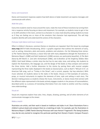 17 | P a g e
Dance and movement
Dance and movement responses explore how both dance or body movement can express messages and
communicate with others.
Walk like a/an…
Every time students need to move around the room, make the most of these transitions by turning them
into a response activity focusing on dance and movement. For example, as students move to get in line
or to shift activities in the room, connect to a character in a class read-aloud by asking students to move
as if they are feeling one or more of the emotions that character had experienced. This will help
students identify with and understand the actions of the characters.
Find your style (dance and music response)
Often in children’s literature, common themes or storylines are repeated. Start this lesson by creating a
story map (WETA Public Broadcasting, 2015)—a graphic organizer that outlines the elements of story,
such as setting, characters, plots and events, problems and solutions—for the following three stories:
1) The Twelve Dancing Princesses, a classic fairy tale with many adaptations (though the illustrations in
Marianna Mayer’s *1989+ and Ruth Sanderson’s *1990+ versions are particularly beautiful), 2) The Barn
Dance by Bill Martin Jr. and John Archambault (1986), and 3) Brothers of the Knight by Debbie Allen
(2001). Each book follows a similar story line but has its own style, tone, and setting. Ask students to
explore the illustrations, the language use, and the design of the books as they compare and contrast
the three stories. Add a further dimension to the stories by pairing them with musical samples
representing the three styles displayed in the books (a classical piece, such as Bach’s “Minuet in G”; an
American folk song, such as “Turkey in the Straw”; and a current, popular, hip hop selection.) With
music selected, let students dance to the styles in the books. Discuss or find examples of costumes,
props, or musical instruments to explore the elements of tone, style and setting in each story. The
decision making process as students choose the music, instruments, or dance moves that connect with
the different styles represented in the books actively engages students in the process of transmediation,
described earlier as a process of translating information from one mode to another and thus creating
new understandings.
Visual art
Visual arts responses explore how color, lines, shapes, drawing, painting, and all other elements of art
communicate messages to the viewer.
Make a match
Illustrators are artists, and their work is based on traditions and styles in art. Share illustrations from a
children’s picture book and compare them to a matching art style. For example, pair the illustrations in
Marianna Mayer’s (1989) Twelve Dancing Princesses with Jean-Honore’ Fragonard’s The Swing (students
may also be very excited to recognize this particular painting from Disney’s Frozen). Compare Picasso’s
 