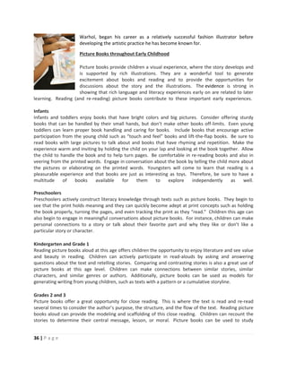 36 | P a g e
Warhol, began his career as a relatively successful fashion illustrator before
developing the artistic practice he has become known for.
Picture Books throughout Early Childhood
Picture books provide children a visual experience, where the story develops and
is supported by rich illustrations. They are a wonderful tool to generate
excitement about books and reading and to provide the opportunities for
discussions about the story and the illustrations. The evidence is strong in
showing that rich language and literacy experiences early on are related to later
learning. Reading (and re-reading) picture books contribute to these important early experiences.
Infants
Infants and toddlers enjoy books that have bright colors and big pictures. Consider offering sturdy
books that can be handled by their small hands, but don’t make other books off-limits. Even young
toddlers can learn proper book handling and caring for books. Include books that encourage active
participation from the young child such as “touch and feel” books and lift-the-flap books. Be sure to
read books with large pictures to talk about and books that have rhyming and repetition. Make the
experience warm and inviting by holding the child on your lap and looking at the book together. Allow
the child to handle the book and to help turn pages. Be comfortable in re-reading books and also in
veering from the printed words. Engage in conversation about the book by telling the child more about
the pictures or elaborating on the printed words. Youngsters will come to learn that reading is a
pleasurable experience and that books are just as interesting as toys. Therefore, be sure to have a
multitude of books available for them to explore independently as well.
Preschoolers
Preschoolers actively construct literacy knowledge through texts such as picture books. They begin to
see that the print holds meaning and they can quickly become adept at print concepts such as holding
the book properly, turning the pages, and even tracking the print as they “read.” Children this age can
also begin to engage in meaningful conversations about picture books. For instance, children can make
personal connections to a story or talk about their favorite part and why they like or don’t like a
particular story or character.
Kindergarten and Grade 1
Reading picture books aloud at this age offers children the opportunity to enjoy literature and see value
and beauty in reading. Children can actively participate in read-alouds by asking and answering
questions about the text and retelling stories. Comparing and contrasting stories is also a great use of
picture books at this age level. Children can make connections between similar stories, similar
characters, and similar genres or authors. Additionally, picture books can be used as models for
generating writing from young children, such as texts with a pattern or a cumulative storyline.
Grades 2 and 3
Picture books offer a great opportunity for close reading. This is where the text is read and re-read
several times to consider the author’s purpose, the structure, and the flow of the text. Reading picture
books aloud can provide the modeling and scaffolding of this close reading. Children can recount the
stories to determine their central message, lesson, or moral. Picture books can be used to study
 