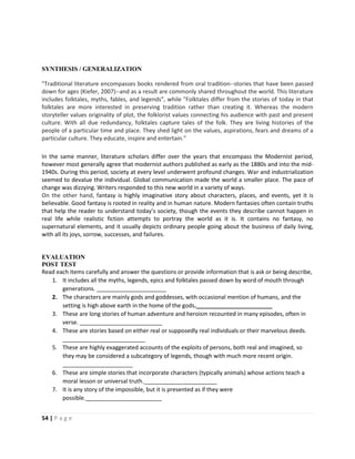 54 | P a g e
SYNTHESIS / GENERALIZATION
"Traditional literature encompasses books rendered from oral tradition--stories that have been passed
down for ages (Kiefer, 2007)--and as a result are commonly shared throughout the world. This literature
includes folktales, myths, fables, and legends", while "Folktales differ from the stories of today in that
folktales are more interested in preserving tradition rather than creating it. Whereas the modern
storyteller values originality of plot, the folklorist values connecting his audience with past and present
culture. With all due redundancy, folktales capture tales of the folk. They are living histories of the
people of a particular time and place. They shed light on the values, aspirations, fears and dreams of a
particular culture. They educate, inspire and entertain."
In the same manner, literature scholars differ over the years that encompass the Modernist period,
however most generally agree that modernist authors published as early as the 1880s and into the mid-
1940s. During this period, society at every level underwent profound changes. War and industrialization
seemed to devalue the individual. Global communication made the world a smaller place. The pace of
change was dizzying. Writers responded to this new world in a variety of ways.
On the other hand, fantasy is highly imaginative story about characters, places, and events, yet it is
believable. Good fantasy is rooted in reality and in human nature. Modern fantasies often contain truths
that help the reader to understand today’s society, though the events they describe cannot happen in
real life while realistic fiction attempts to portray the world as it is. It contains no fantasy, no
supernatural elements, and it usually depicts ordinary people going about the business of daily living,
with all its joys, sorrow, successes, and failures.
EVALUATION
POST TEST
Read each items carefully and answer the questions or provide information that is ask or being describe,
1. It includes all the myths, legends, epics and folktales passed down by word of mouth through
generations. ______________________
2. The characters are mainly gods and goddesses, with occasional mention of humans, and the
setting is high above earth in the home of the gods.________________________
3. These are long stories of human adventure and heroism recounted in many episodes, often in
verse. __________________________
4. These are stories based on either real or supposedly real individuals or their marvelous deeds.
__________________________
5. These are highly exaggerated accounts of the exploits of persons, both real and imagined, so
they may be considered a subcategory of legends, though with much more recent origin.
______________________
6. These are simple stories that incorporate characters (typically animals) whose actions teach a
moral lesson or universal truth._______________________
7. It is any story of the impossible, but it is presented as if they were
possible.________________________
 