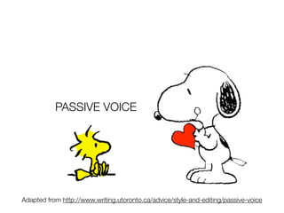 PASSIVE VOICE
Adapted from http://www.writing.utoronto.ca/advice/style-and-editing/passive-voice
 