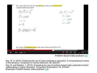 Kay, R. H. (2012). Exploring the use of video podcasts in education: A comprehensive review
of the literature. Computers in Human Behavior, 28, 820-831.
Kay, R. and Kletskin, I. (2012). Evaluating the use of problem-based video podcasts to teach
mathematics in higher education. Computers & Education, 59, 619-627.
[Example Problem-based video podcast link]
Problem-based video podcast link
 
