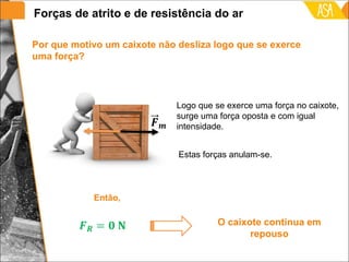 Logo que se exerce uma força no caixote,
surge uma força oposta e com igual
intensidade.
O caixote continua em
repouso
Estas forças anulam-se.
Por que motivo um caixote não desliza logo que se exerce
uma força?
Então,
Forças de atrito e de resistência do ar
 