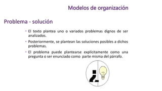 • El texto plantea uno o variados problemas dignos de ser
analizados.
• Posteriormente, se plantean las soluciones posibles a dichos
problemas.
• El problema puede plantearse explícitamente como una
pregunta o ser enunciado como parte misma del párrafo.
Problema - solución
Modelos de organización
 