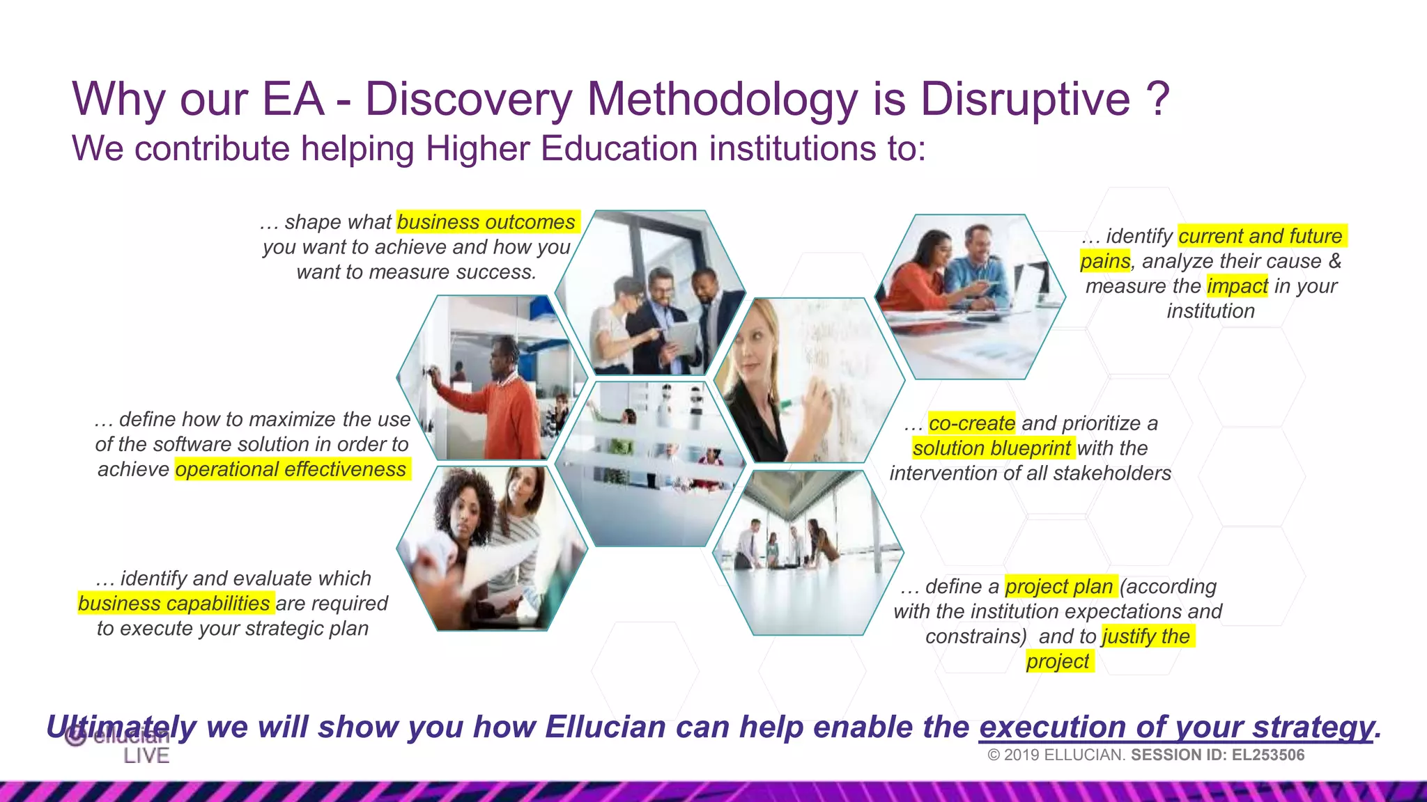 © 2019 ELLUCIAN. SESSION ID: EL253506
Why our EA - Discovery Methodology is Disruptive ?
We contribute helping Higher Education institutions to:
… shape what business outcomes
you want to achieve and how you
want to measure success.
Ultimately we will show you how Ellucian can help enable the execution of your strategy.
… identify and evaluate which
business capabilities are required
to execute your strategic plan
… co-create and prioritize a
solution blueprint with the
intervention of all stakeholders
… identify current and future
pains, analyze their cause &
measure the impact in your
institution
… define a project plan (according
with the institution expectations and
constrains) and to justify the
project
… define how to maximize the use
of the software solution in order to
achieve operational effectiveness
 