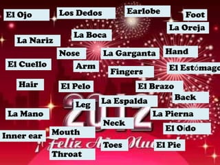 El Ojo        Los Dedos          Earlobe         Foot
                                           La Oreja
                 La Boca
   La Nariz
              Nose        La Garganta      Hand
 El Cuello       Arm                       El Estómago
                           Fingers
   Hair       El Pelo              El Brazo
                        La Espalda            Back
                 Leg
 La Mano                              La Pierna
                          Neck
             Mouth                         El Oído
Inner ear
                          Toes          El Pie
             Throat
 
