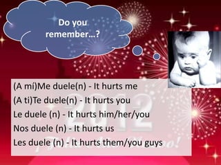 Do you
        remember…?




(A mí)Me duele(n) - It hurts me
(A ti)Te duele(n) - It hurts you
Le duele (n) - It hurts him/her/you
Nos duele (n) - It hurts us
Les duele (n) - It hurts them/you guys
 