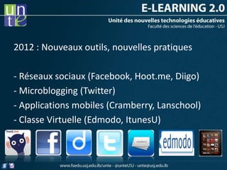 2012 : Nouveaux outils, nouvelles pratiques

- Réseaux sociaux (Facebook, Hoot.me, Diigo)
- Microblogging (Twitter)
- Applications mobiles (Cramberry, Lanschool)
- Classe Virtuelle (Edmodo, ItunesU)
 