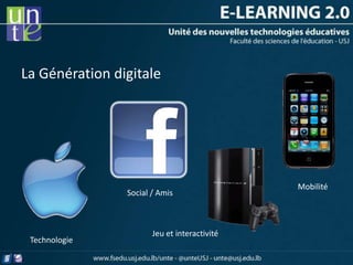 La Génération digitale




                                              Mobilité
                Social / Amis



                       Jeu et interactivité
 Technologie
 