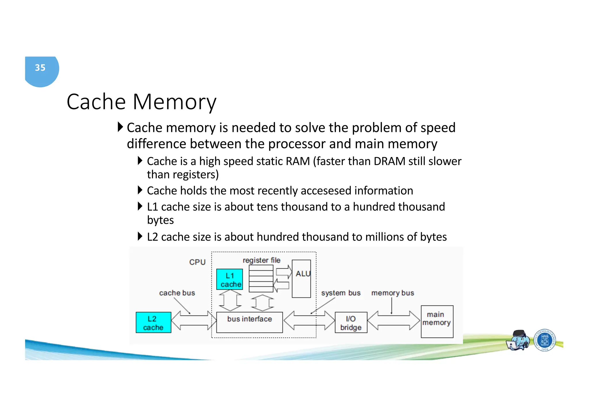 35
Cache Memory
} Cache memory is needed to solve the problem of speed
difference between the processor and main memory
} Cache is a high speed static RAM (faster than DRAM still slower
than registers)
} Cache holds the most recently accesesed information
} L1 cache size is about tens thousand to a hundred thousand
bytes
} L2 cache size is about hundred thousand to millions of bytes
 