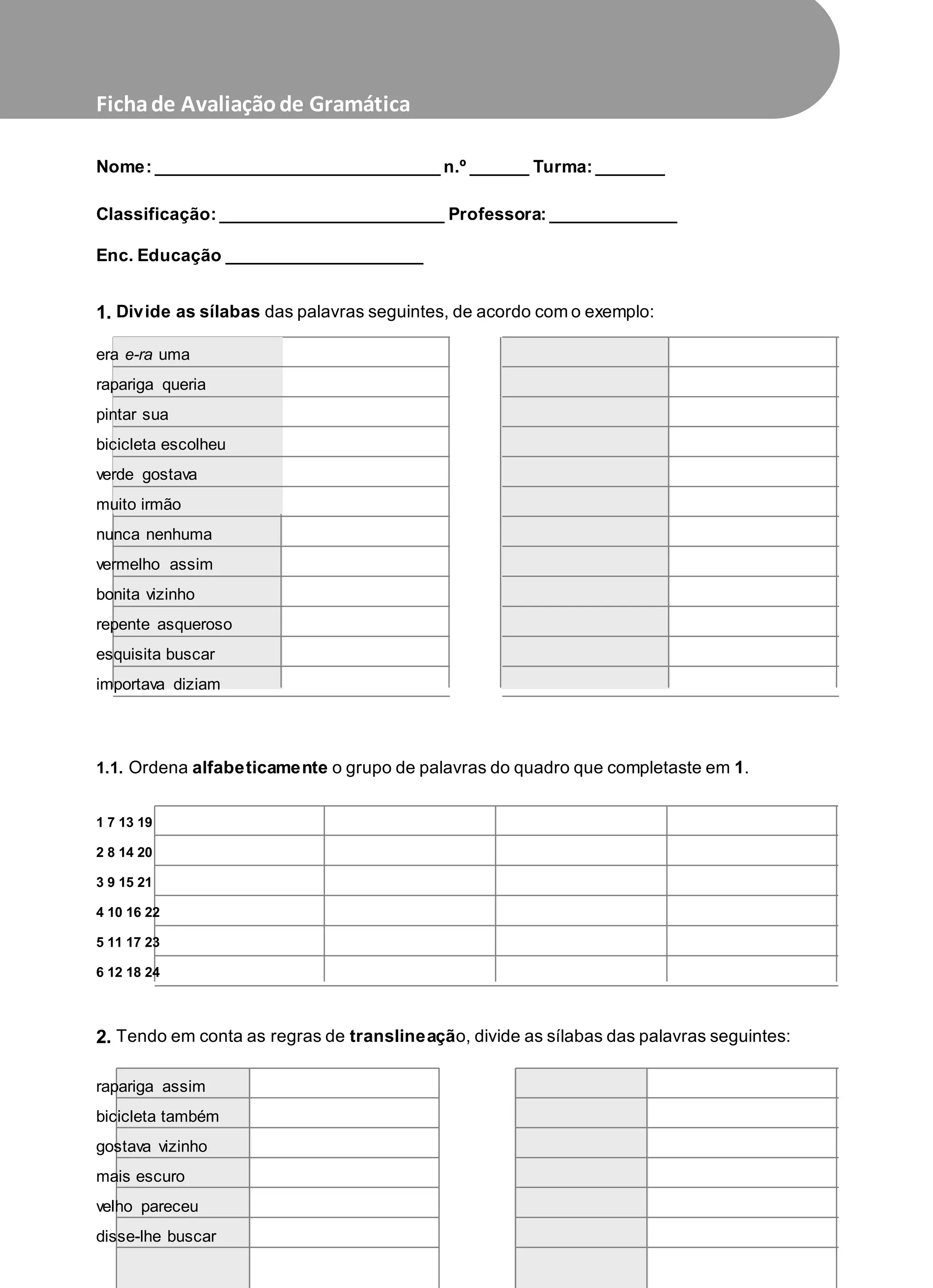 Ficha de gramatica 5.º ano | DOCX