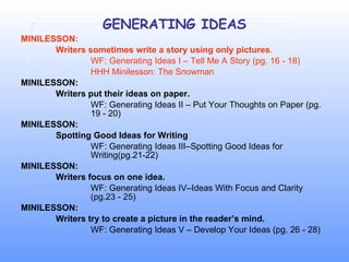 GENERATING IDEAS MINILESSON: Writers sometimes write a story using only pictures . WF: Generating Ideas I – Tell Me A Story (pg. 16 - 18) HHH Minilesson: The Snowman MINILESSON: Writers put their ideas on paper. WF: Generating Ideas II – Put Your Thoughts on Paper (pg.  19 - 20) MINILESSON: Spotting Good Ideas for Writing WF: Generating Ideas III–Spotting Good Ideas for  Writing(pg.21-22) MINILESSON: Writers focus on one idea. WF: Generating Ideas IV–Ideas With Focus and Clarity  (pg.23 - 25) MINILESSON: Writers try to create a picture in the reader’s mind. WF: Generating Ideas V – Develop Your Ideas (pg. 26 - 28) 