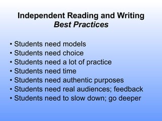 Independent Reading and Writing Best Practices • Students need models • Students need choice • Students need a lot of practice • Students need time  • Students need authentic purposes • Students need real audiences; feedback  • Students need to slow down; go deeper 