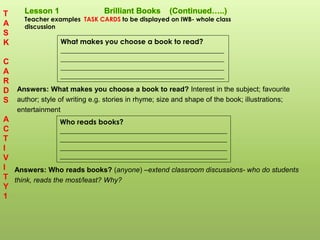 What makes you choose a book to read?
______________________________________________
______________________________________________
______________________________________________
______________________________________________
Who reads books?
_______________________________________________
_______________________________________________
_______________________________________________
_______________________________________________
Teacher examples TASK CARDS to be displayed on IWB- whole class
discussion
Answers: Who reads books? (anyone) –extend classroom discussions- who do students
think, reads the most/least? Why?
Answers: What makes you choose a book to read? Interest in the subject; favourite
author; style of writing e.g. stories in rhyme; size and shape of the book; illustrations;
entertainment
T
A
S
K
C
A
R
D
S
A
C
T
I
V
I
T
Y
1
 