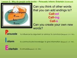 P
I
E
ersuade
nform
ntertain
Can you think of other words
that you can add endings to?
Call-ed
Call-ing
Call-s
Can you create your own new
words?
to communicate knowledge; to give information (Bergquist, S. R. 1981).
to influence by argument or advice; to convince (Bergquist, S. R. 1981).
to amuse(Bergquist, S. R. 1981).
www.teacherspayteachers.com
 