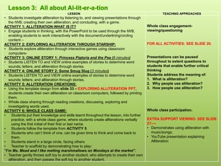 LESSON TEACHING APPROACHES
• Students investigate alliteration by listening to, and viewing presentations through
the IWB; creating their own alliteration; and concluding, with a game.
ACTIVITY 1: ALLITERATION:WHAT IS IT?
• Engage students in thinking, with the PowerPoint to be used through the IWB,
enabling students to work interactively with the document/underlining/circling
content –
ACTIVITY 2: EXPLORING ALLITERATION THROUGH STARSHIP:
• Students explore alliteration through interactive games using classroom
computers-
ACTIVITY 3: ONLINE STORY 1: Princess Pigtoria and the Pea (8 minutes)
• Students LISTEN TO and VIEW online examples of stories to determine word
sounds; letters; and alliteration through stories.
ACTIVITY 4: ONLINE STORY 2: Some Smug Slug (3 minutes)
• Students LISTEN TO and VIEW online examples of stories to determine word
sounds; letters; and alliteration through stories.
ACTIVITY 5: ALLITERATION CREATIONS:
• Using the template design from slide 33 – EXPLORING ALLITERATION PPT,
students create their own alliteration on classroom computers, followed by printing
them.
• Whole class sharing through reading creations, discussing, exploring and
investigating words used.
ACTIVITY 6: WHOLE CLASS GAME:
• Students put their knowledge and skills learnt throughout the lesson, into further
practice, with a whole class game, where students create alliterations verbally
using the first initial of their first or last name.
• Students follow the template from ACTIVITY 5
• Students who can’t think of one, can be given time to think and come back to
them.
• Students stand in a large circle, facing others.
• Teacher to scaffold by demonstrating how to play:
”I’m Ms. Mead and I like melting marshmallows on Mondays at the market”.
• Teacher gently throws soft toy to another student, who attempts to create their own
alliteration, and then passes the soft toy to another student.
Whole class engagement-
viewing/questioning
FOR ALL ACTIVITIES: SEE SLIDE 20.
Presentations can be paused
throughout to extent questions to
students that enable further critical
thinking
Students address the meaning of:
1. What is alliteration?
2. Why people use alliteration?
3. How people use alliteration?
Whole class participation.
EXTRA SUPPORT VIEWING: SEE SLIDE
21:---
• Demonstrates using alliteration with
music/songs;
• YouTube presentation explaining
Alliteration
 
