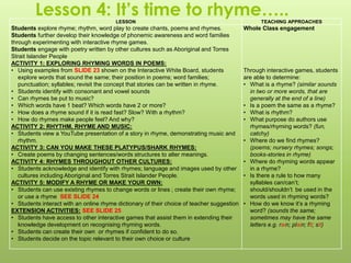 LESSON TEACHING APPROACHES
Students explore rhyme; rhythm, word play to create chants, poems and rhymes.
Students further develop their knowledge of phonemic awareness and word families
through experimenting with interactive rhyme games.
Students engage with poetry written by other cultures such as Aboriginal and Torres
Strait Islander People
ACTIVITY 1: EXPLORING RHYMING WORDS IN POEMS:
• Using examples from SLIDE 23 shown on the Interactive White Board, students
explore words that sound the same; their position in poems; word families;
punctuation; syllables; revisit the concept that stories can be written in rhyme.
• Students identify with consonant and vowel sounds
• Can rhymes be put to music?
• Which words have 1 beat? Which words have 2 or more?
• How does a rhyme sound if it is read fast? Slow? With a rhythm?
• How do rhymes make people feel? And why?
ACTIVITY 2: RHYTHM, RHYME AND MUSIC:
• Students view a YouTube presentation of a story in rhyme, demonstrating music and
rhythm.
ACTIVITY 3: CAN YOU MAKE THESE PLATYPUS/SHARK RHYMES:
• Create poems by changing sentences/words structures to alter meanings.
ACTIVITY 4: RHYMES THROUGHOUT OTHER CULTURES:
• Students acknowledge and identify with rhymes; language and images used by other
cultures including Aboriginal and Torres Strait Islander People.
ACTIVITY 5: MODIFY A RHYME OR MAKE YOUR OWN:
• Students can use existing rhymes to change words or lines ; create their own rhyme;
or use a rhyme SEE SLIDE 24
• Students interact with an online rhyme dictionary of their choice of teacher suggestion
EXTENSION ACTIVITIES: SEE SLIDE 25
• Students have access to other interactive games that assist them in extending their
knowledge development on recognising rhyming words.
• Students can create their own or rhymes if confident to do so.
• Students decide on the topic relevant to their own choice or culture
Whole Class engagement
Through interactive games, students
are able to determine:
• What is a rhyme? (similar sounds
in two or more words, that are
generally at the end of a line)
• Is a poem the same as a rhyme?
• What is rhythm?
• What purpose do authors use
rhymes/rhyming words? (fun,
catchy)
• Where do we find rhymes?
(poems; nursery rhymes; songs;
books-stories in rhyme)
• Where do rhyming words appear
in a rhyme?
• Is there a rule to how many
syllables can/can’t;
should/shouldn’t be used in the
words used in rhyming words?
• How do we know it’s a rhyming
word? (sounds the same;
sometimes may have the same
letters e.g. rain; plain; fit; sit)
Lesson 4: It’s time to rhyme…..
 