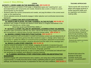 LESSON TEACHING APPROACHES
ACTIVITY 1: WORD GAME ON THE WASHING LINE: SEE SLIDE 29
• Teams of 5 have a container of mini pegs; a designated space and “washing line”; and
laminated letters with consonants and vowels; Students view a word, or listen to a word
shown/spoken by the teacher.
• Students select the correct consonants and vowels, and peg the letters in the correct word
order on the washing line.
• Words selected ensure all students engage in letter selection and contributes to/promotes
teamwork.
ACTIVITY 2: CONNECTING WITH STORYWRITING:
2a: PEOPLE AND PLACES: PICTURE YOURSELF, IN THE PICTURE SEE SLIDE 30
• Students view images of people and places to think about; to imagine themselves in the
pictures; and discuss as a whole class:
What they would see/HEAR/FEEL/SMELL?
2b: ACTIVITY 4: STORY TELLING BY ABORIGINAL &TORRES STRAIT ISLANDERS:
• Students make connections with the way other cultures tell stories using images and rhythm,
and connections to cultural history through interactive stories online. SEE SLIDE 31
2c: MAKING CONNECTIONS WITH PUNCTUATION: SEE SLIDE 31
• Students experiment with punctuation to predict and practice correct use and placements of
punctuation with interactive games that allow students to type in; change; add or leave out
punctuation to realise the effects of correct/incorrect punctuation; placement of punctuation
and how they affect pronunciation; sentence structure and the intent of the message sent.
2d: WHOLE CLASS STORY CREATOR: SEE SLIDE 29
• Teacher presents templates for story design, engaging all students in brainstorming and
planning a whole class story, remembering the rules for correct capitalizations with names and
punctuation, story structure, sentence structures, language, grammar.
• Students learn to reread sentences, to see if it makes sense; is connected and relevant-how
can sentences be modified; word altered to improve meaning.
• 2e: PLANNING INDIVIDUAL STORY CREATIONS USING ONLINE/INTERACTIVE
RESOURCES
• Students engage with online/interactive story creators, and using story writing templates, plan
original stories, or modify favourite stories modify, scaffolding ideas for genre; characters;
settings; and sentence structures; in preparation for their own story creations. SEE SLIDE 31
*Some words with more than 5
letters will engage students in
further teamwork skills such
as negotiation and decision
making skills.
*Discussion about the way other
cultures tell a story – Australian and
Torres Strait Islander People-tell
stories through storytelling, singing
and dancing. Each dreaming story
has a song /helps the transmission
of the information
Students think about the
purpose of their text.
Consider words they
can/can’t; should/shouldn’t
include
Lesson 5 Story Writing
*Students also explore punctuation
and positioning – “” . ; , ? !
 