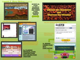 http://home.freeuk.net/elloughto
n13/sunset.htm
http://www.bbc.co.uk/schools/st
arship/english/games/story_pla
nt/small_sound/standard.shtml
http://www.funenglishgames.com/writing
games/story.html
http://www.abc.net.au/dustechoes/dustEchoesFlash.htm
http://www.youtube.com/watch?v=xDJrnldb08o
Lesson 5 Story Writing (Continued)
ACTIVITY 2b:
STORY
TELLING BY
ABORIGINAL
AND TORRES
STRAIT
ISLANDER
PEOPLE
2e: PLANNING
INDIVIDUAL STORY
CONSTRUCTIONS
WITH ONLINE STORY
CREATORS
http://www.ivo
na.com/en/
2c: MAKING
CONNECTIONS
WITH
PUNCTUATION
http://www.funen
glishgames.com/
punctuation.swf
 