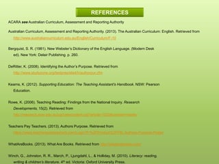 ACARA see Australian Curriculum, Assessment and Reporting Authority
Australian Curriculum, Assessment and Reporting Authority. (2013). The Australian Curriculum: English. Retrieved from
http://www.australiancurriculum.edu.au/English/Curriculum/F-10
Bergquist, S. R. (1981). New Webster’s Dictionary of the English Language. (Modern Desk
ed). New York: Delair Publishing. p. 260.
DeRitter, K. (2008). Identifying the Author’s Purpose. Retrieved from
http://www.studyzone.org/testprep/ela4/h/authorpur.cfm
Kearns, K. (2012). Supporting Education: The Teaching Assistant’s Handbook. NSW: Pearson
Education.
Rowe, K. (2006). Teaching Reading: Findings from the National Inquiry. Research
Developments, 15(2). Retrieved from
http://research.acer.edu.au/cgi/viewcontent.cgi?article=1030&context=resdev
Teachers Pay Teachers. (2013). Authors Purpose. Retrieved from
https://www.teacherspayteachers.com/Login?f=%2FProduct%2FPIE-Authors-Purpose-Poster
WhatAreBooks. (2013). What Are Books. Retrieved from http://whatarebooks.com/
Winch, G., Johnston, R. R., March, P., Ljungdahl, L., & Holliday, M. (2010). Literacy: reading,
writing & children’s literature. 4th ed. Victoria: Oxford University Press.
REFERENCES
 