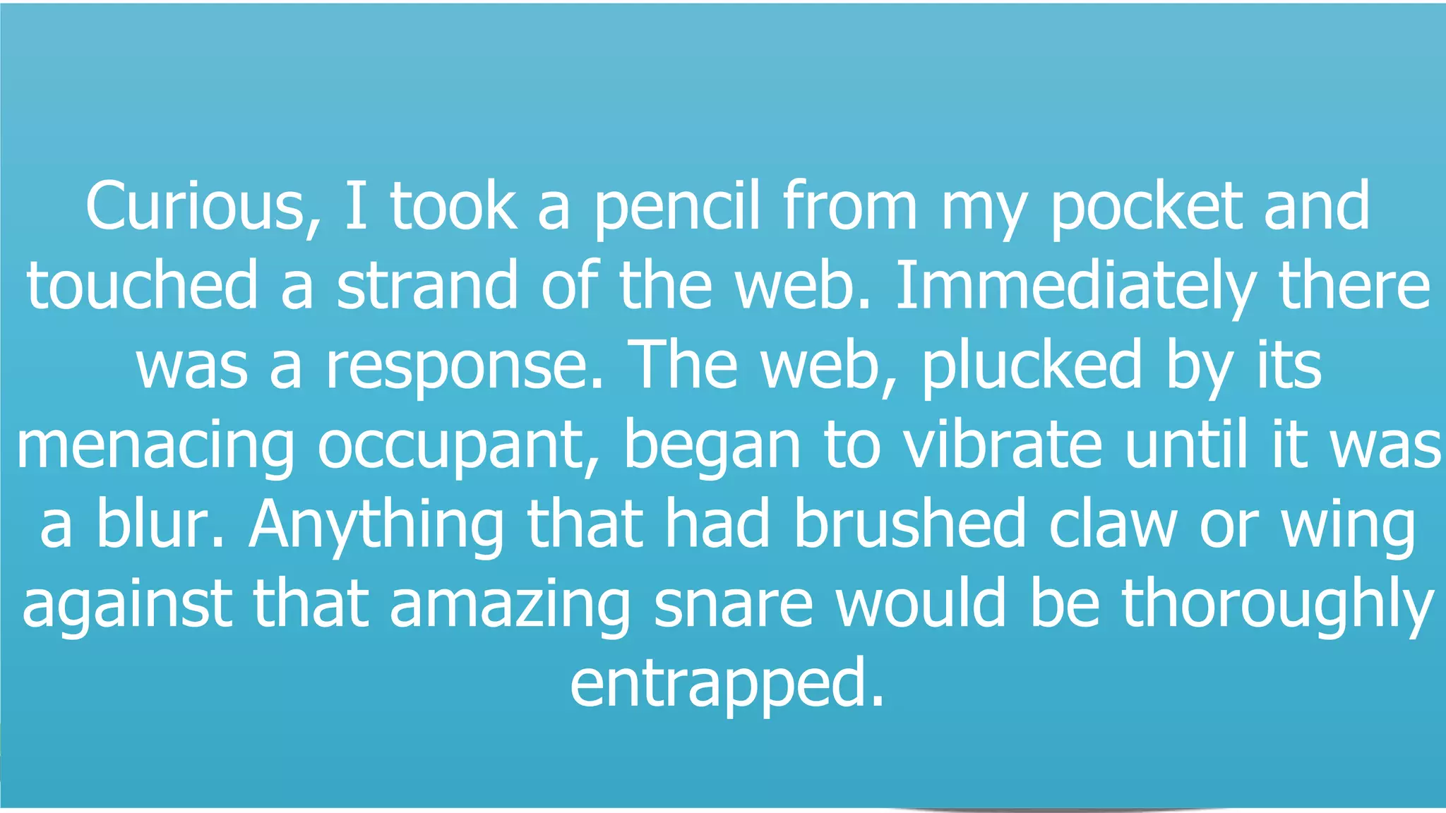 By anthropologist and naturalist
Loren Eiseley
Curious, I took a pencil from my pocket and
touched a strand of the web. Immediately there
was a response. The web, plucked by its
menacing occupant, began to vibrate until it was
a blur. Anything that had brushed claw or wing
against that amazing snare would be thoroughly
entrapped.
 