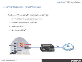 SmartNode™ | Elastix Solutions

Identifying Opportunities For VoIP Gateways

•

Next-gen IP features with existing phone service.
– Comfortable with existing phone service?

– Locked in phone service contract?
– Don’t trust VoIP?
– Need survivability?

© 2013 Patton Electronics Co.

 