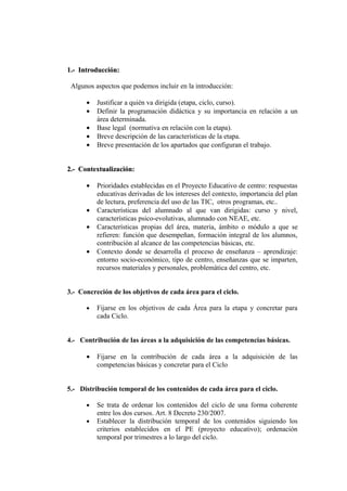 1.- Introducción:
1.- Introducción:
Algunos aspectos que podemos incluir en la introducción:
• Justificar a quién va dirigida (etapa, ciclo, curso).
• Definir la programación didáctica y su importancia en relación a un
área determinada.
• Base legal (normativa en relación con la etapa).
• Breve descripción de las características de la etapa.
• Breve presentación de los apartados que configuran el trabajo.
2.- Contextualización:
2.- Contextualización:
• Prioridades establecidas en el Proyecto Educativo de centro: respuestas
educativas derivadas de los intereses del contexto, importancia del plan
de lectura, preferencia del uso de las TIC, otros programas, etc..
• Características del alumnado al que van dirigidas: curso y nivel,
características psico-evolutivas, alumnado con NEAE, etc.
• Características propias del área, materia, ámbito o módulo a que se
refieren: función que desempeñan, formación integral de los alumnos,
contribución al alcance de las competencias básicas, etc.
• Contexto donde se desarrolla el proceso de enseñanza – aprendizaje:
entorno socio-económico, tipo de centro, enseñanzas que se imparten,
recursos materiales y personales, problemática del centro, etc.
3.- Concreción de los objetivos de cada área para el ciclo.
• Fijarse en los objetivos de cada Área para la etapa y concretar para
cada Ciclo.
4.- Contribución de las áreas a la adquisición de las competencias básicas.
• Fijarse en la contribución de cada área a la adquisición de las
competencias básicas y concretar para el Ciclo
5.- Distribución temporal de los contenidos de cada área para el ciclo.
• Se trata de ordenar los contenidos del ciclo de una forma coherente
entre los dos cursos. Art. 8 Decreto 230/2007.
• Establecer la distribución temporal de los contenidos siguiendo los
criterios establecidos en el PE (proyecto educativo); ordenación
temporal por trimestres a lo largo del ciclo.
 