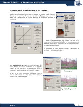 153BLOQUE 2
Ajustar las curvas, brillo y contraste de una fotografía.
Las correcciones de curvas son las mismas que se realizan desde el ajuste
Niveles. La herramienta Curvas es muy potente. Nos permite un control
exacto del contraste de la imagen además de establecer sombras y
resaltados.
La línea curva representa el rango tonal desde 0 en la
esquina inferior izquierda hasta 255 en la esquina superior
derecha. El eje vertical representa los valores de entrada, y
el horizontal los de salida.
Si ajustamos la curva desde el centro controlamos el
contraste y el brillo de la imagen.
Para ajustar las curvas, haremos clic en el punto del
centro del eje, tal y como mostramos en la segunda
imagen de este ejemplo, y lo deslizaremos hacia la
izquierda si queremos quitar contraste a la imagen.
Si por el contrario, queremos contrastar más la
imagen, situaremos el punto del centro hacia la
derecha para contrastarla más.
 