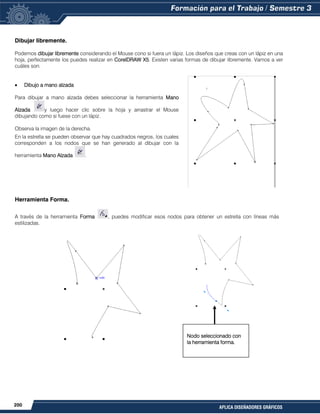 200
APLICA DISEÑADORES GRÁFICOS
Dibujar libremente.
Podemos dibujar libremente considerando el Mouse cono si fuera un lápiz. Los diseños que creas con un lápiz en una
hoja, perfectamente los puedes realizar en CorelDRAW X5. Existen varias formas de dibujar libremente. Vamos a ver
cuáles son.
Dibujo a mano alzada
Para dibujar a mano alzada debes seleccionar la herramienta Mano
Alzada y luego hacer clic sobre la hoja y arrastrar el Mouse
dibujando como si fuese con un lápiz.
Observa la imagen de la derecha.
En la estrella se pueden observar que hay cuadrados negros, los cuales
corresponden a los nodos que se han generado al dibujar con la
herramienta Mano Alzada .
Herramienta Forma.
A través de la herramienta Forma , puedes modificar esos nodos para obtener un estrella con líneas más
estilizadas.
Nodo seleccionado con
la herramienta forma.
 