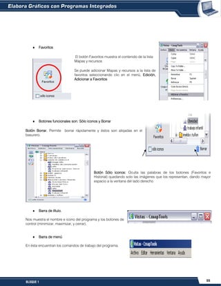 55BLOQUE 1
Favoritos
El botón Favoritos muestra el contenido de la lista
Mapas y recursos
Se puede adicionar Mapas y recursos a la lista de
favoritos seleccionando clic en el menú, Edición,
Adicionar a Favoritos
Botones funcionales son: Sólo iconos y Borrar
Botón Borrar. Permite borrar rápidamente y éstos son alojadas en el
basurero.
Botón Sólo iconos: Oculta las palabras de los botones (Favoritos e
Historial) quedando solo las imágenes que los representan, dando mayor
espacio a la ventana del lado derecho
Barra de título.
Nos muestra el nombre e icono del programa y los botones de
control (minimizar, maximizar, y cerrar).
Barra de menú
En ésta encuentran los comandos de trabajo del programa.
 