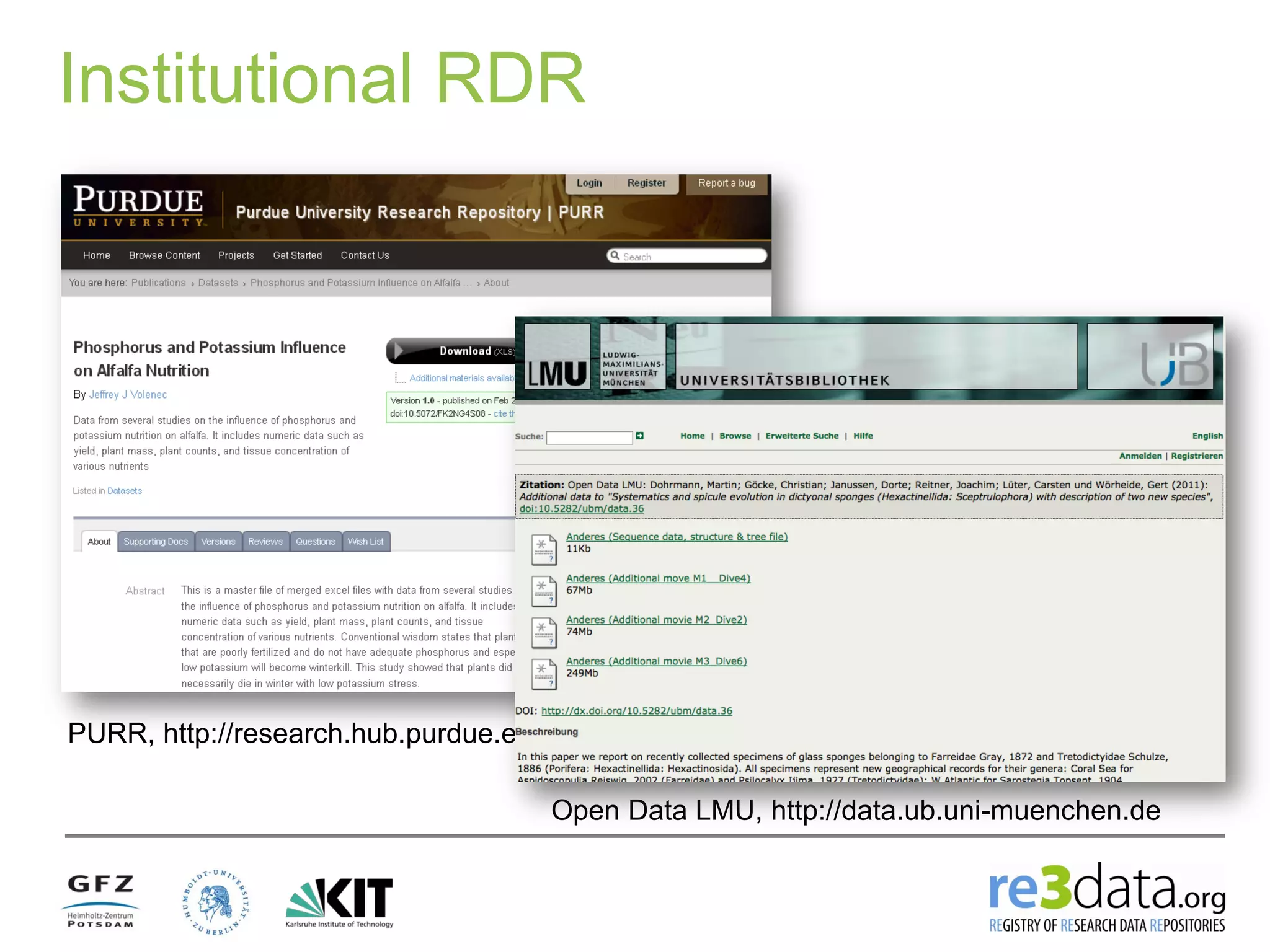 Open Data LMU, http://data.ub.uni-muenchen.de
PURR, http://research.hub.purdue.edu
Institutional RDR
 