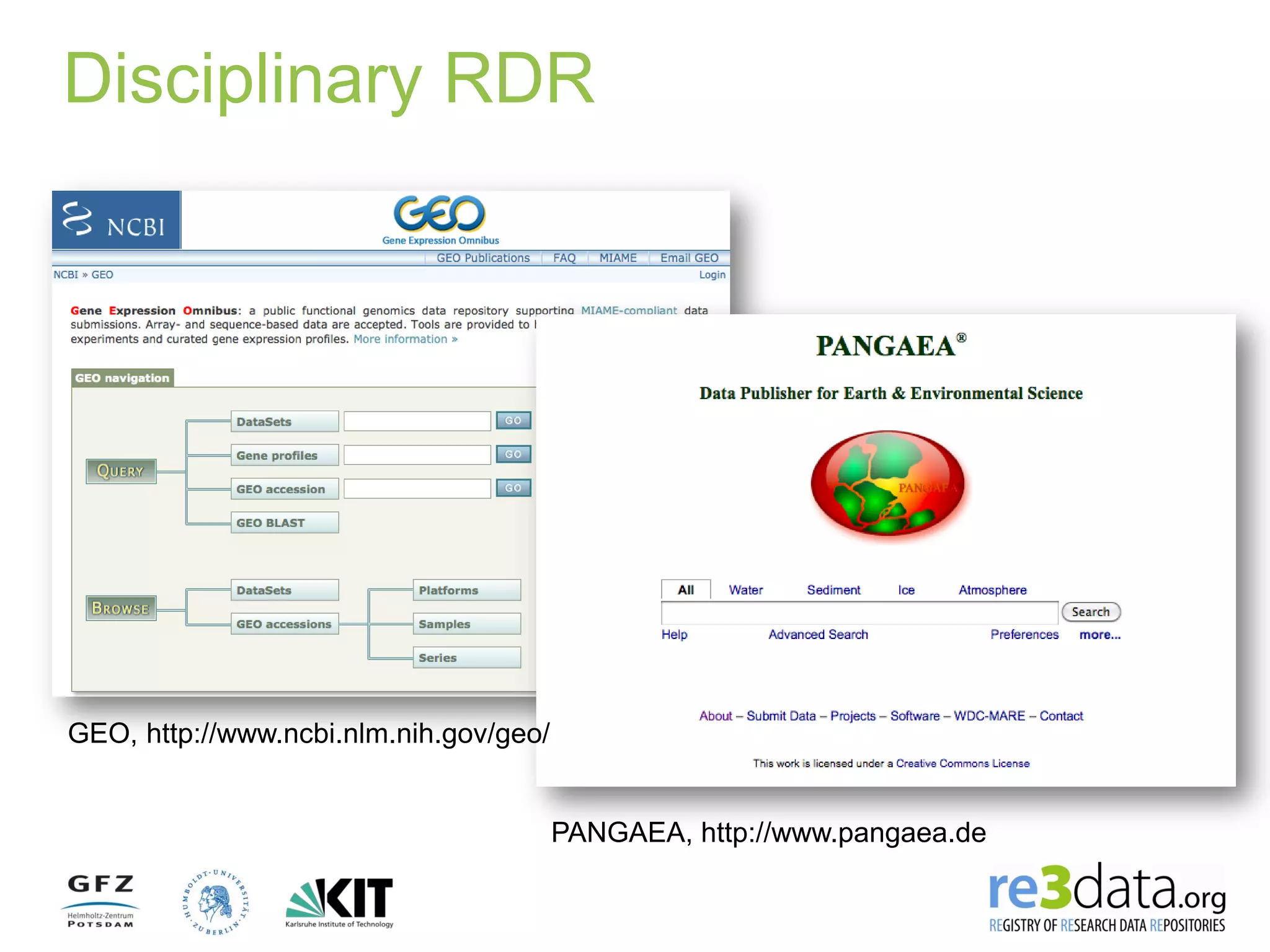 Disciplinary RDR
PANGAEA, http://www.pangaea.de
GEO, http://www.ncbi.nlm.nih.gov/geo/
 