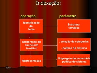 Indexação: operação parâmetro Representação . linguagem documentária . política do sistema .   seleção de categorias . política do sistema Estrutura  temática Identificação do  tema Elaboração do enunciado  temático 