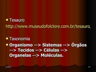 Tesauro http://www.museudofolclore.com.br/tesauro/ Taxonomia Organismo --> Sistemas --> Órgãos --> Tecidos --> Células --> Organelas --> Moléculas.    