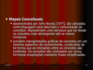 Mapas Conceituais desenvolvidos por John Novak [1977], são utilizados como linguagem para descrição e comunicação de conceitos. Representam uma estrutura que vai desde os conceitos mais abrangentes até os menos inclusivos. provêem representações gráficas de conceitos em um domínio específico de conhecimento, construídos de tal forma que as interações entre os conceitos são evidentes. Os conceitos são conectados por arcos, formando proposições mediante frases simplificadas. 