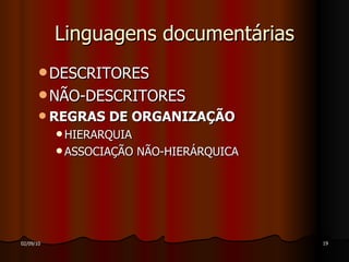 Linguagens documentárias DESCRITORES NÃO-DESCRITORES REGRAS DE ORGANIZAÇÃO HIERARQUIA ASSOCIAÇÃO NÃO-HIERÁRQUICA 