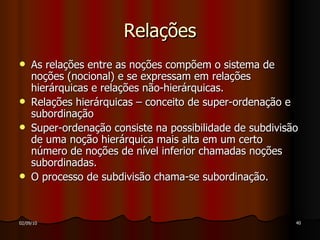 Relações As relações entre as noções compõem o sistema de noções (nocional) e se expressam em relações hierárquicas e relações não-hierárquicas. Relações hierárquicas – conceito de super-ordenação e subordinação Super-ordenação consiste na possibilidade de subdivisão de uma noção hierárquica mais alta em um certo número de noções de nível inferior chamadas noções subordinadas. O processo de subdivisão chama-se subordinação.  