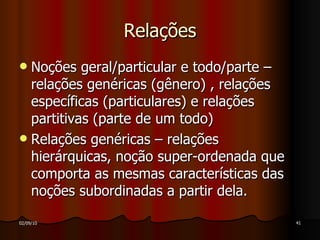 Relações Noções geral/particular e todo/parte – relações genéricas (gênero) , relações específicas (particulares) e relações partitivas (parte de um todo) Relações genéricas – relações hierárquicas, noção super-ordenada que comporta as mesmas características das noções subordinadas a partir dela. 