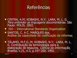 Referências CINTRA, A.M; KOBASHI, N.Y;  LARA, M. L. G.  Para entender as linguagens documentárias . São Paulo: POLIS, 2002. ISO –  International  Standards Organization SANTOS, C. A C. MARQUES dos.  Análise da capacidade de codificação da informação de vocabulário controlado na área de saúde .  TÁLAMO, M.F.G..M; KOBASHI, N.Y;  LARA, M. L. G. Contribuição da terminologia para a elaboração de tesauros.  Ciência da Informação , Brasília, v.21, n.3, p.197-200, 1992.  