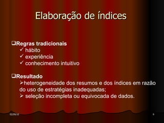 Elaboração de índices   Regras tradicionais hábito experiência conhecimento intuitivo Resultado heterogeneidade dos resumos e dos índices em razão do uso de estratégias inadequadas; seleção incompleta ou equivocada de dados. 