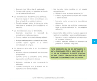 20
GUÍA DE APOYO PARA LA ELABORACIÓN DEL ANÁLISIS FUNCIONAL
–	 Incorrecto: corta vinilo en tiras de una pulgada.
–	 Correcto: mide, marca y corta las telas de acuerdo
con las medidas especificadas.
•	 Los elementos deben describir resultados del trabajo.
–	 Incorrecto: opera un sistema computarizado para
llevar un listado de ventas (es un método).
–	 Correcto: calcula y registra el volumen de ventas
basándose en programas de computador (es un
resultado).
•	 Los elementos deben poder ser demostrados.
–	 Incorrecto: comprender la necesidad de
procedimientos higiénicos y seguros.
–	 Correcto: mantener las normas de higiene en el trabajo.
–	 Incorrecto:entenderelsistemacomputarizadodecompras.
–	 Correcto: ingresar registros en el sistema
computarizado de compras.
•	 Los elementos debe evitar el uso de enunciados
evaluativos.
–	 Incorrecto: reparar correctamente las abolladuras
en las láminas.
–	 Correcto: reparar las abolladuras en las láminas
siguiendo las especificaciones técnicas.
–	 Incorrecto: construye el muro conservando la
verticalidad.
–	 Correcto: construye el muro de acuerdo con las
especificaciones técnicas recibidas.
•	 Los elementos deben escribirse en un lenguaje
explicativo y claro.
–	 Incorrecto: utilizar el sistema de información.
–	 Correcto: originar información a partir de la consulta
a la base de datos.
–	 Incorrecto: escribir un reporte de los problemas
detectados.
–	 Correcto: describir por escrito las características,
origen y posibles alternativas de los problemas
detectados.
•	 Los elementos deben contener enunciados capaces de
facilitar la transferibilidad y la efectividad del trabajador.
–	 Incorrecto: transcribir mediante el uso de wordstar,
los informes al computador.
–	 Correcto: transcribir mediante un procesador de
palabras, los informes al computador.
PARTE IMPORTANTE DEL ROL DEL ESPECIALISTA EN
MAPAS FUNCIONALES ESTÁ EN IDENTIFICAR QUÉ ES
LO QUE UN DETERMINADO ELEMENTO REDACTADO
PRETENDE EXPRESAR Y, EN CASO DE DETECTAR ALGÚN
PROBLEMA; SUGERIR UNA REDACCIÓN ALTERNATIVA.
 