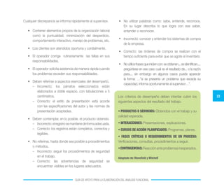 23
GUÍA DE APOYO PARA LA ELABORACIÓN DEL ANÁLISIS FUNCIONAL
Cualquier discrepancia se informa rápidamente al supervisor.
•	 Contener elementos propios de la organización laboral
como la puntualidad, minimización del desperdicio,
comportamiento interactivo, manejo de problemas, etc.
•	 Los clientes son atendidos oportuna y cordialmente.
•	 El operador corrige rutinariamente las fallas en sus
responsabilidades.
•	 El operador solicita asistencia de manera rápida cuando
los problemas exceden sus responsabilidades.
•	 Deben referirse a aspectos esenciales del desempeño.
–	 Incorrecto: los párrafos seleccionados están
elaborados a doble espacio, con tabulaciones a 5
centímetros.
–	 Correcto: el estilo de presentación está acorde
con las especificaciones del autor y las normas de
presentación aceptadas.
•	 Deben contemplar, en lo posible, el producto obtenido
–	 Incorrecto:elregistrosemantienedeformaadecuada.
–	 Correcto: los registros están completos, correctos y
legibles.
•	 No referirse, hasta donde sea posible a procedimientos
o métodos.
–	 Incorrecto: seguir los procedimientos de seguridad
en el trabajo.
–	 Correcto: las advertencias de seguridad se
encuentran visibles en los lugares adecuados.
•	 No utilizar palabras como: sabe, entiende, reconoce.
En su lugar describa lo que logra con ese saber,
entender o reconocer.
•	 Incorrecto: conocer y entender los sistemas de compra
de la empresa.
•	 Correcto: las órdenes de compra se realizan con el
tiempo suficiente para evitar que se agote el inventario.
•	 Noutilicefrasesqueiniciencon:seobtienen...seidentifican....
pregúntese en ese caso cual es el resultado de... o la razón
para.... sin embargo en algunos casos puede aparecer
la forma: …”si se presenta un problema que exceda su
capacidad, informa oportunamente al supervisor…”.
Los criterios de desempeño deben intentar cubrir los
siguientes aspectos del resultado del trabajo:
• PRODUCTOS O SERVICIOS: Obtenidos con el trabajo y su
calidad esperada.
• INTERACCIONES: Presentaciones, explicaciones.
• CURSOS DE ACCIÓN PLANIFICADOS: Programas, planes.
• FASES CRÍTICAS O REQUERIMIENTOS DE UN PROCESO:
Verificaciones, consultas, procedimientos a seguir.
•CONTINGENCIAS:Reacciónanteproblemasinesperados.
Adaptado de: Mansfield y Mitchell
 