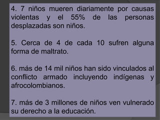 4. 7 niños mueren diariamente por causas
violentas y el 55% de las personas
desplazadas son niños.
5. Cerca de 4 de cada 10 sufren alguna
forma de maltrato.
6. más de 14 mil niños han sido vinculados al
conflicto armado incluyendo indígenas y
afrocolombianos.
7. más de 3 millones de niños ven vulnerado
su derecho a la educación.
 