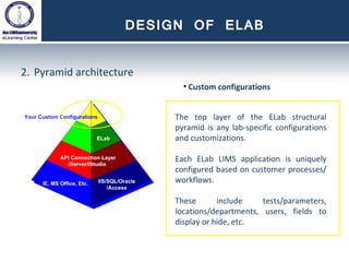 DESIGN OF ELAB Pyramid architecture Custom configurations The top layer of the ELab structural pyramid is any lab-specific configurations and customizations. Each ELab LIMS application is uniquely configured based on customer processes/workflows. These include tests/parameters, locations/departments, users, fields to display or hide, etc. 