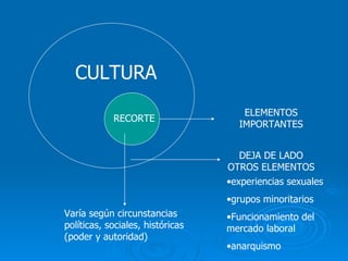 CULTURA RECORTE ELEMENTOS IMPORTANTES DEJA DE LADO OTROS ELEMENTOS experiencias sexuales grupos minoritarios Funcionamiento del mercado laboral anarquismo  Varía según circunstancias políticas, sociales, históricas (poder y autoridad) 